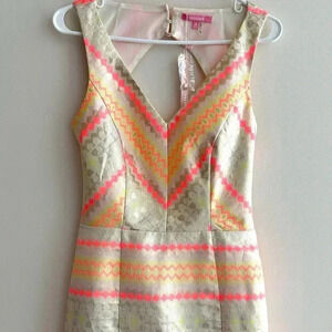 Minuet Aztec Print Neon and Gold Cocktail Dress, Open Back Dress, Medium